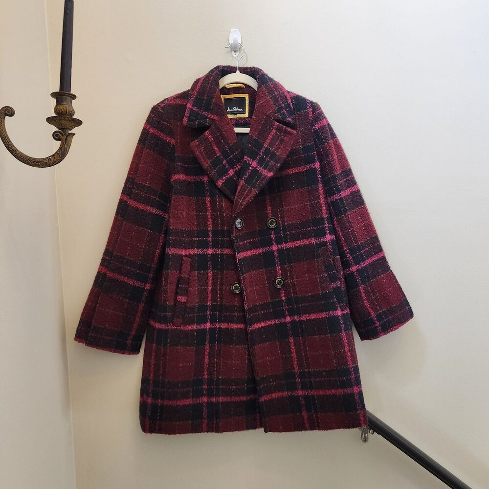 Sam Edelman Women's Pink Purple Plaid Winter Double Breasted Pea Coat Sz Lg Fall